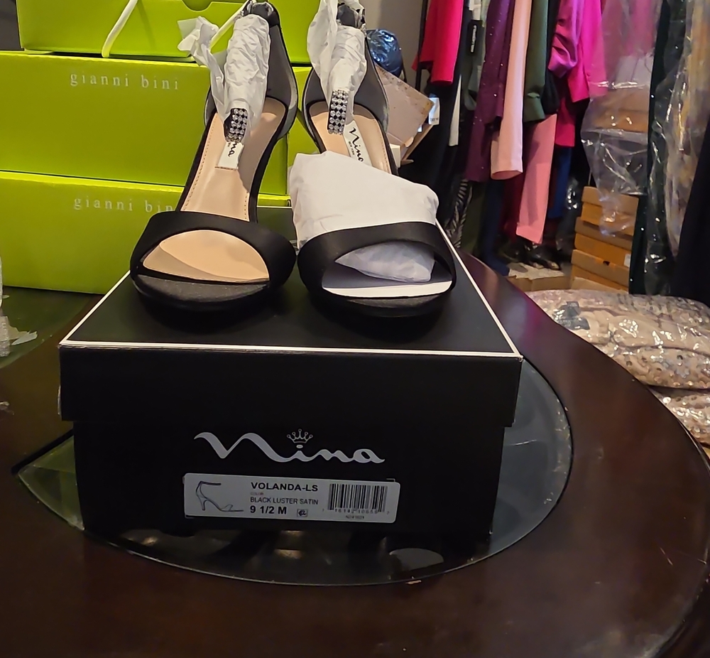Nina Two-Tone Black and White Satin Open-Toe Heels
